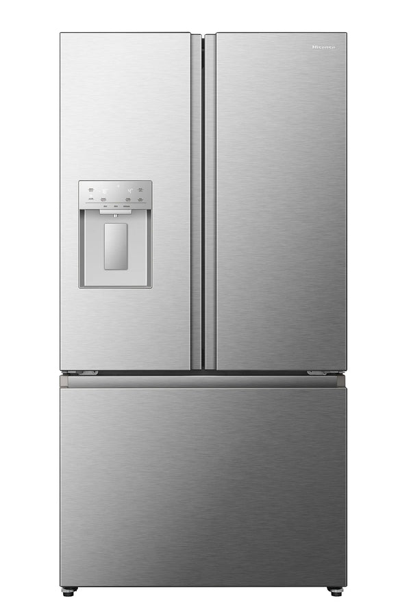 Stainless steel refrigerator with water and ice dispenser on a white background