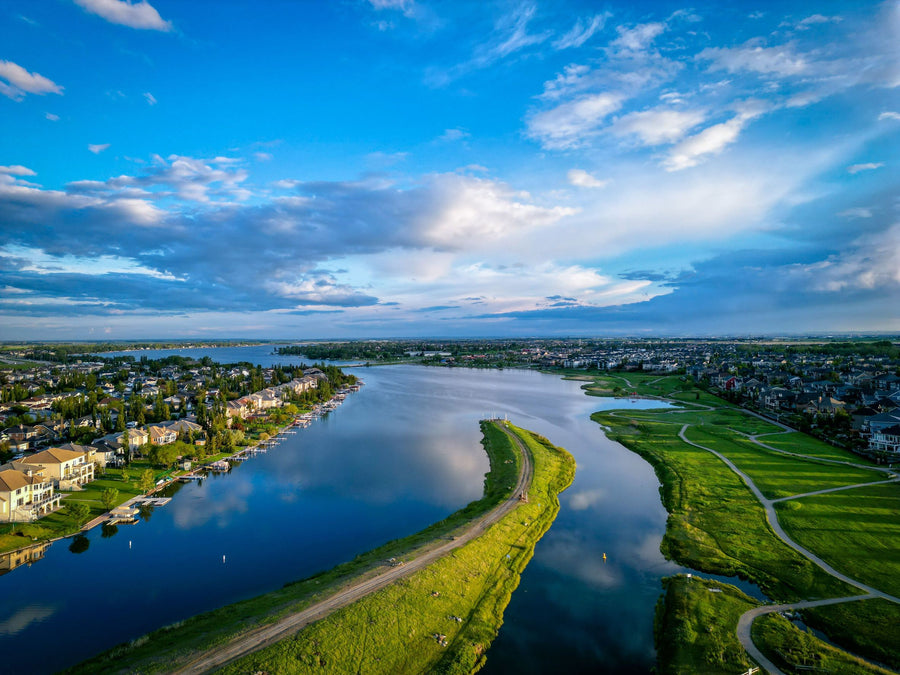 Aerial view of Chestermere Lake and surrounding neighbourhoods in Chestermere, Alberta