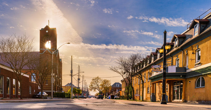 Downtown Hamilton streetscape with historic brick buildings in Hamilton, Ontario
