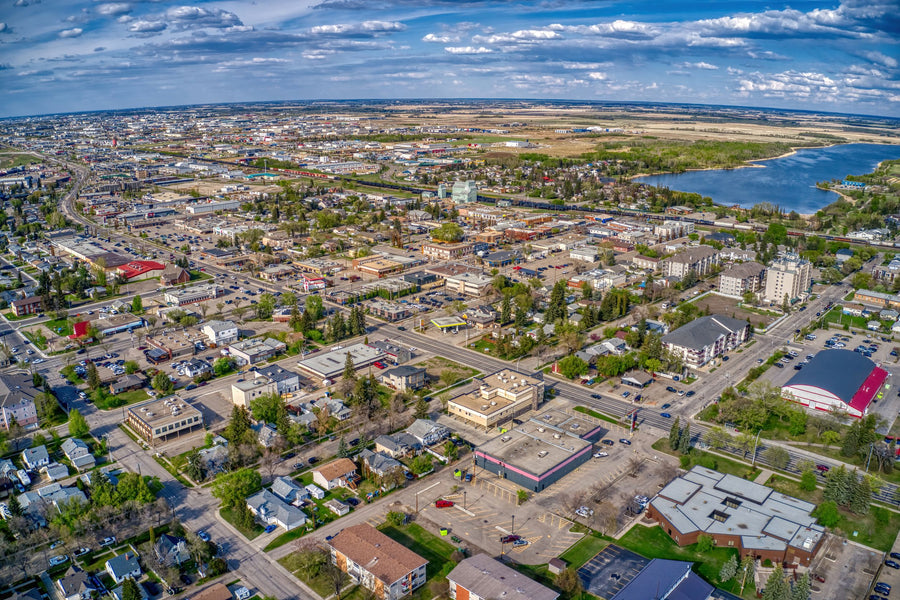 Aerial view of Leduc, Alberta with Telford Lake in the background