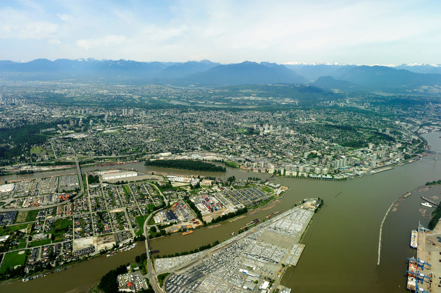 Aerial view of Richmond, British Columbia along the Fraser River
