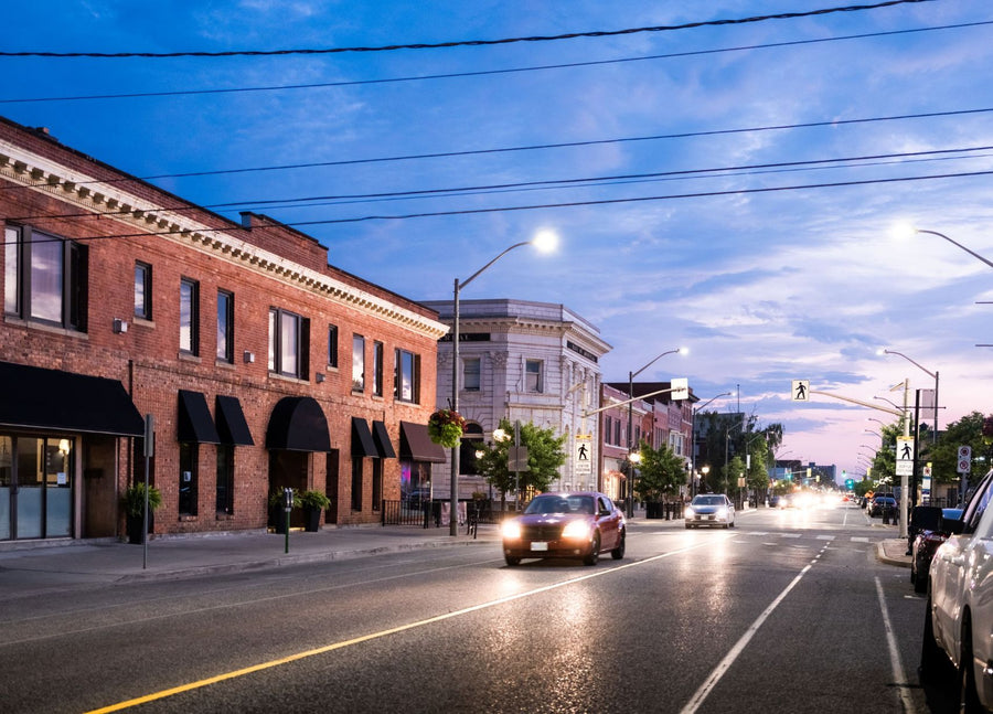 Downtown Windsor streetscape with historic brick buildings in Windsor, Ontario