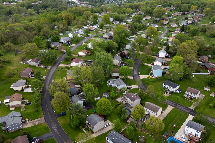 Aerial view of a residential neighbourhood in Charleswood, Winnipeg, Manitoba